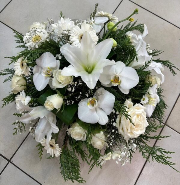 Coussin rond de deuil blanc - Fleurs d't - Fleuriste à Villeparisis
