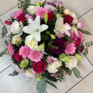 Coussin rond de deuil rouge/rose/blanc - Fleurs d't - Fleuriste à Villeparisis