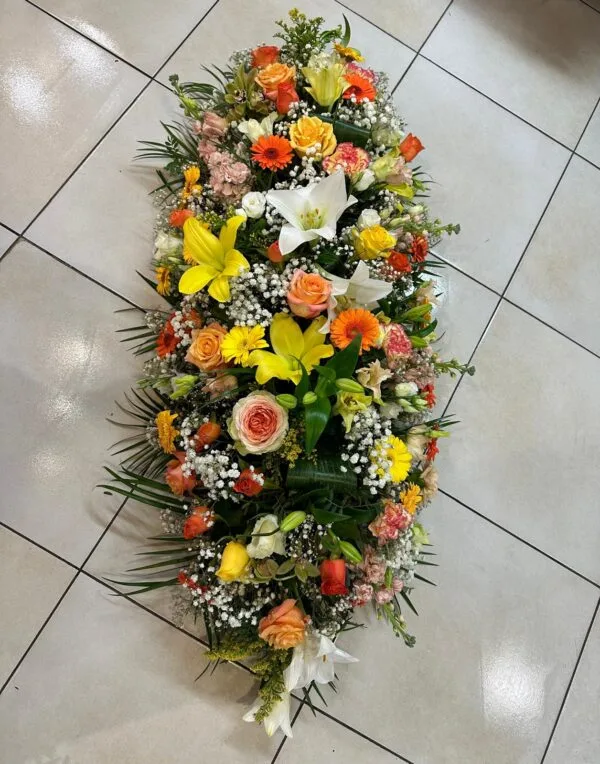Coussin de deuil allongé jaune et orange - Fleurs d't - Fleuriste à Villeparisis
